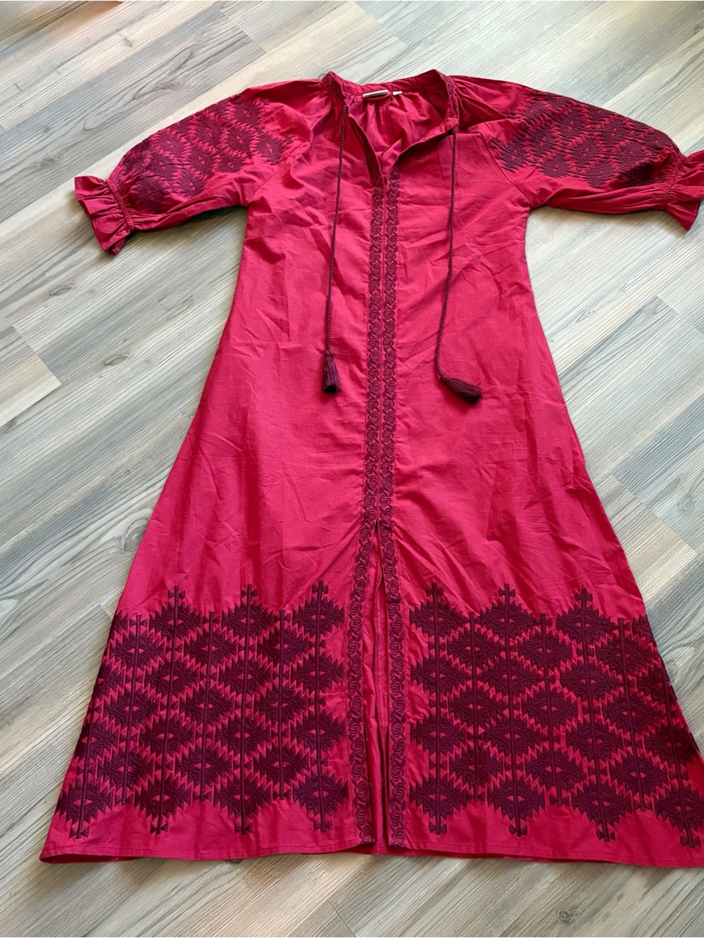 Julia Amory Deep Red Embroidered Caftan Dress with Tassel Tie Size XSmall